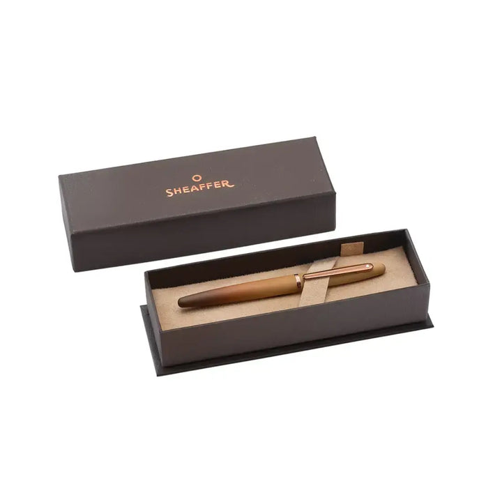 Sheaffer VFM E9428 Coffee Edition Matt Brown With Regal Brown PVD Trims Rollerball Pen (WW31 Coffee) — flat lay
