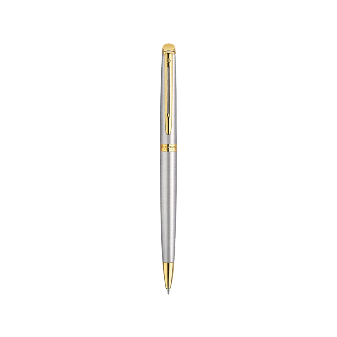 Waterman Hemisphere Stainless Steel GT Ballpoint Pen — uncapped with cap posted