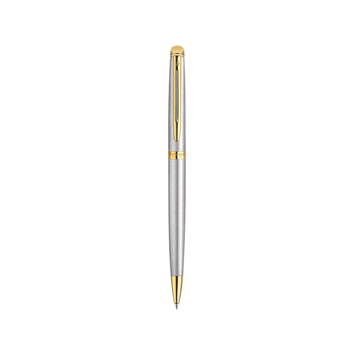 Waterman Hemisphere Stainless Steel GT Ballpoint Pen — uncapped with cap posted