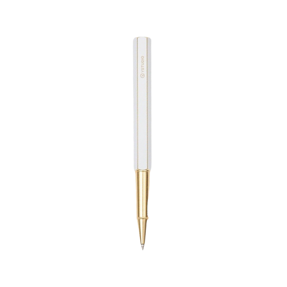 Ystudio Classic Revolve Rollerball Pen - White — uncapped with cap posted