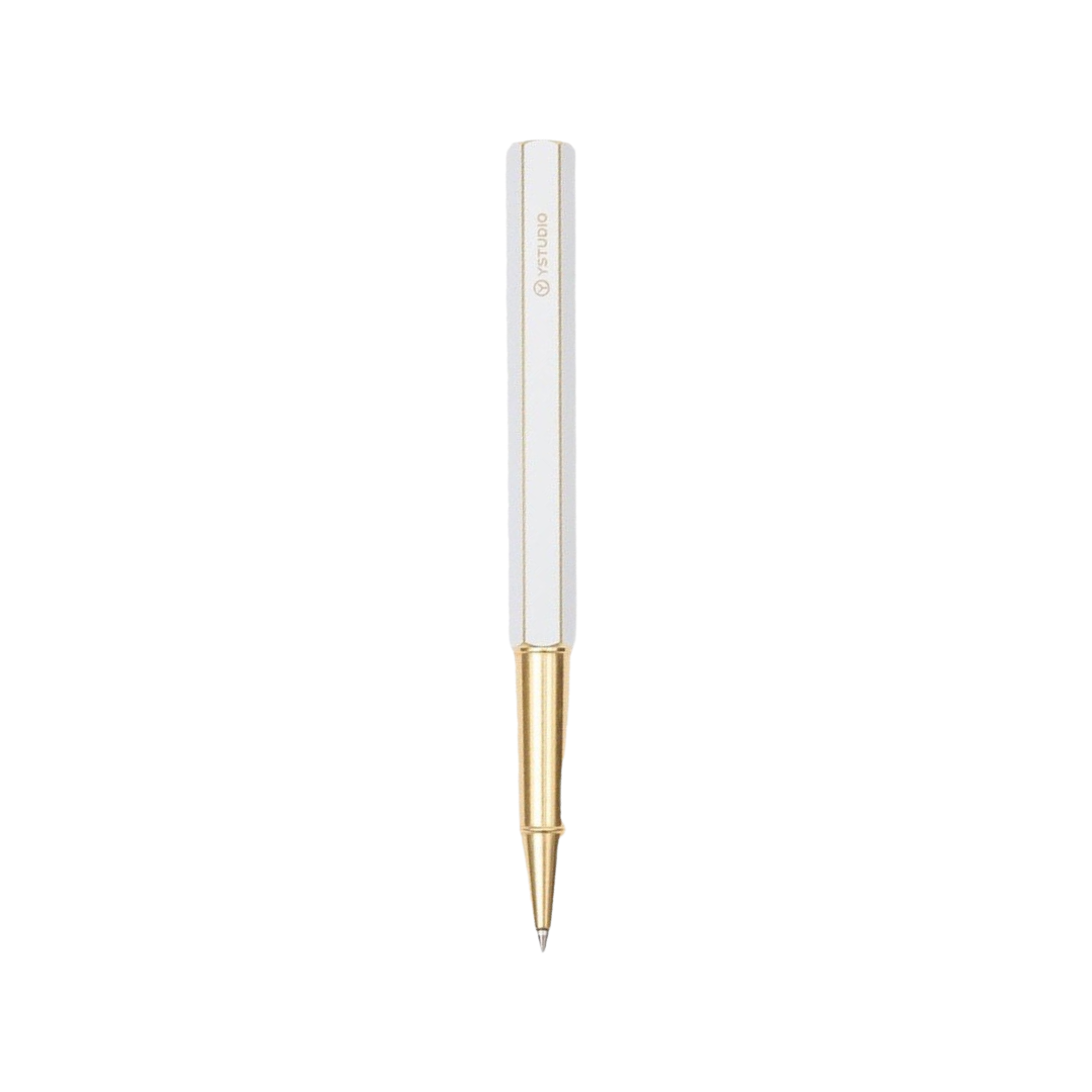 Ystudio Classic Revolve Rollerball Pen - White — uncapped with cap posted