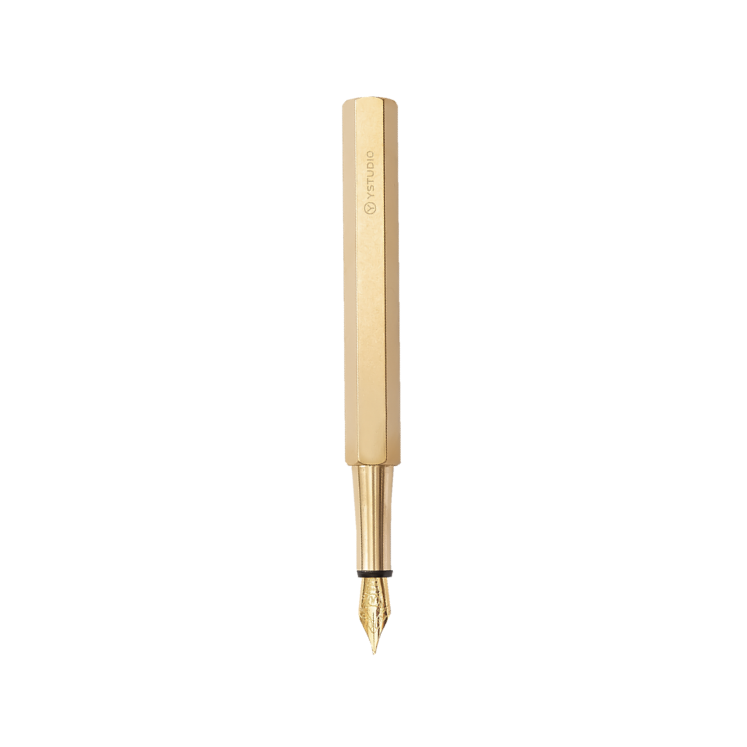 Ystudio Classic Revolve Portable Fountain Pen - Brass — uncapped with cap posted
