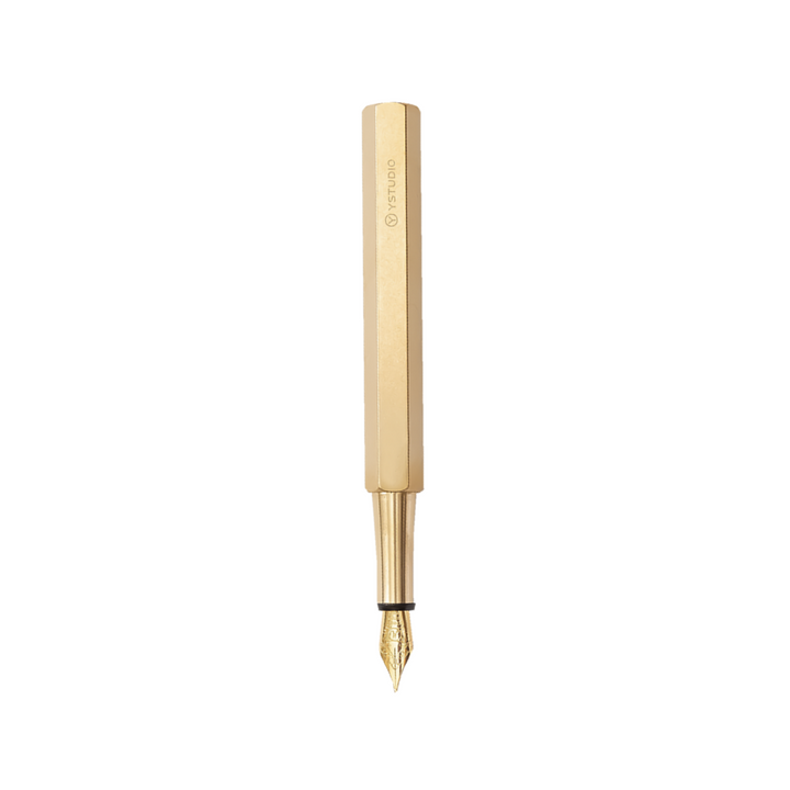Ystudio Classic Revolve Portable Fountain Pen - Brass — uncapped with cap posted