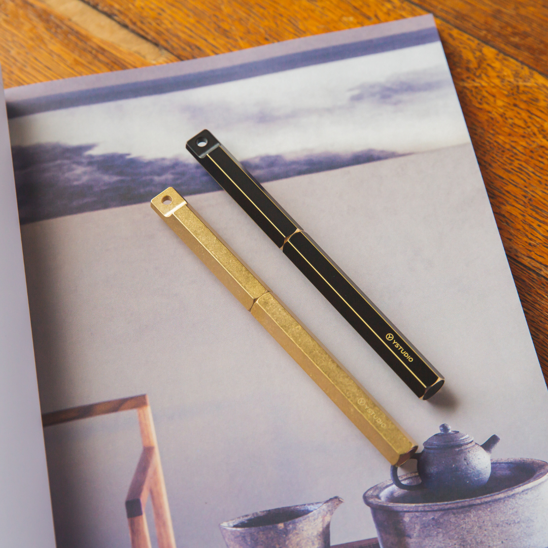 Ystudio Classic Revolve Portable Fountain Pen - Brassing — flat lay