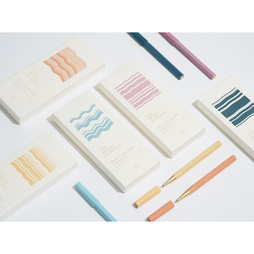 Ystudio Glamour Evolve-Ocean Sustainable Rollerball Pen - Sunset Orange — flat lay