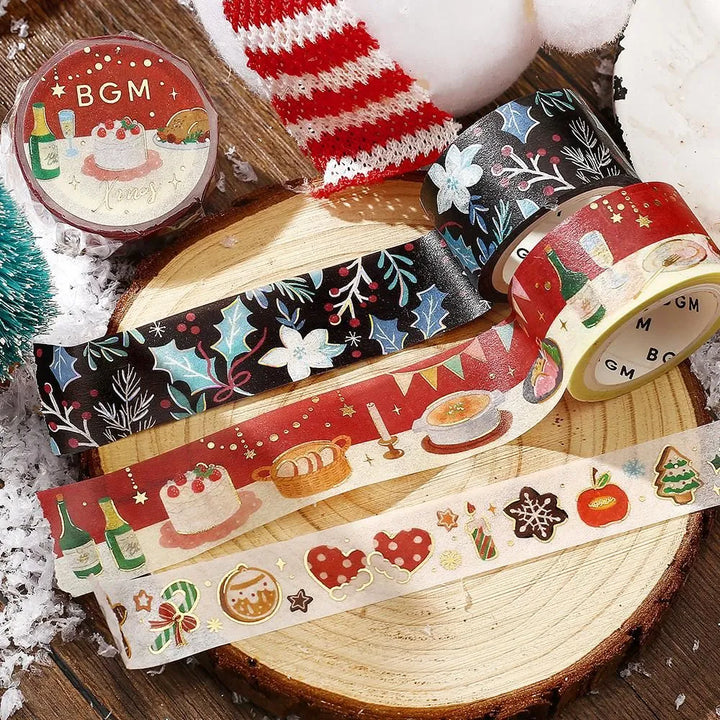 BGM Christmas washi tape featuring Christmas dinner, wine, and gold foil accents.