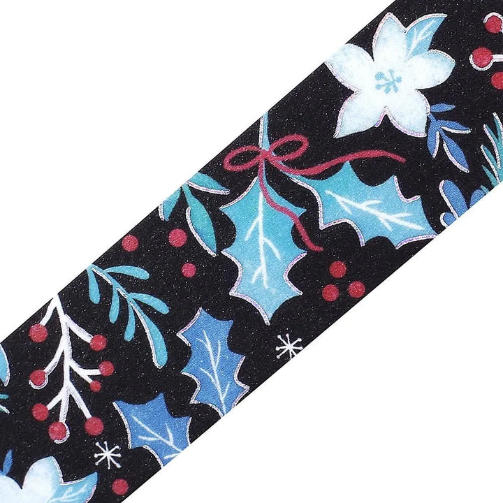 BGM Christmas washi tape featuring holly, berries, and winter flowers with gold foil details.
