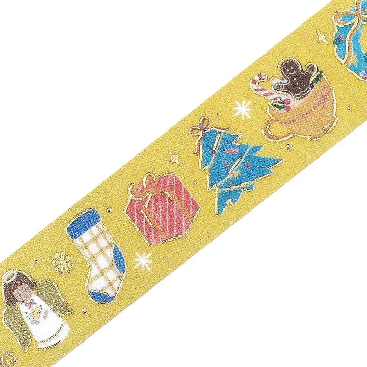 BGM Christmas washi tape featuring gold foil mini objects like ornaments, trees, and gifts.