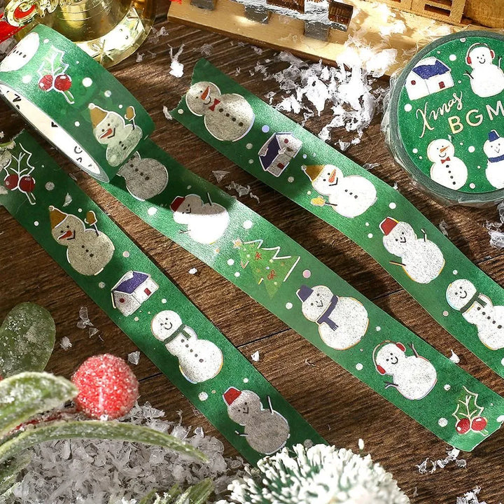 BGM Christmas washi tape featuring cute snowmen in scarves with gold foil accents.