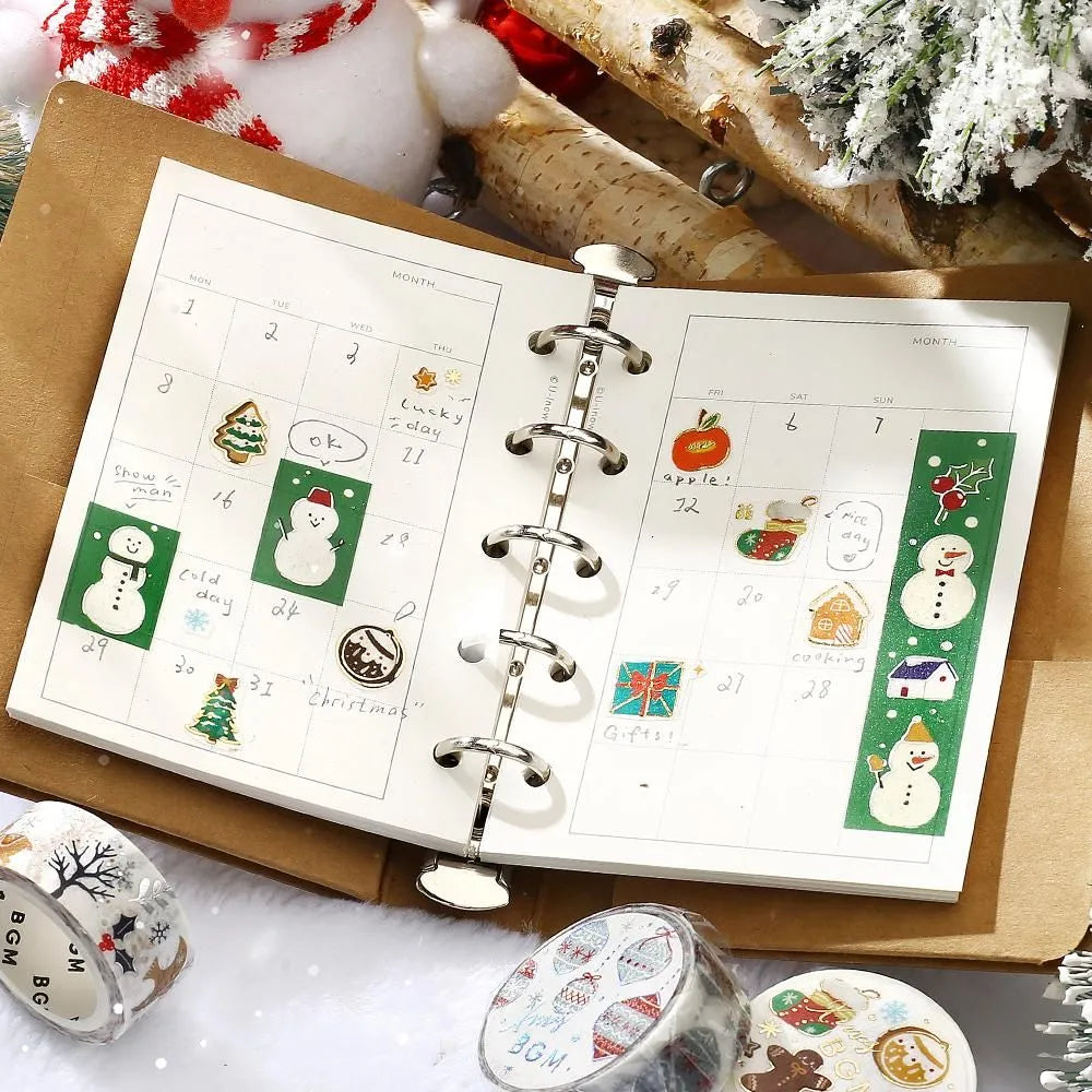 BGM Christmas washi tape featuring cute snowmen in scarves with gold foil accents.