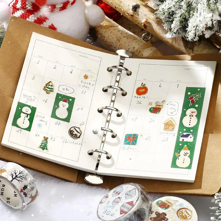 BGM Christmas washi tape featuring cute snowmen in scarves with gold foil accents.