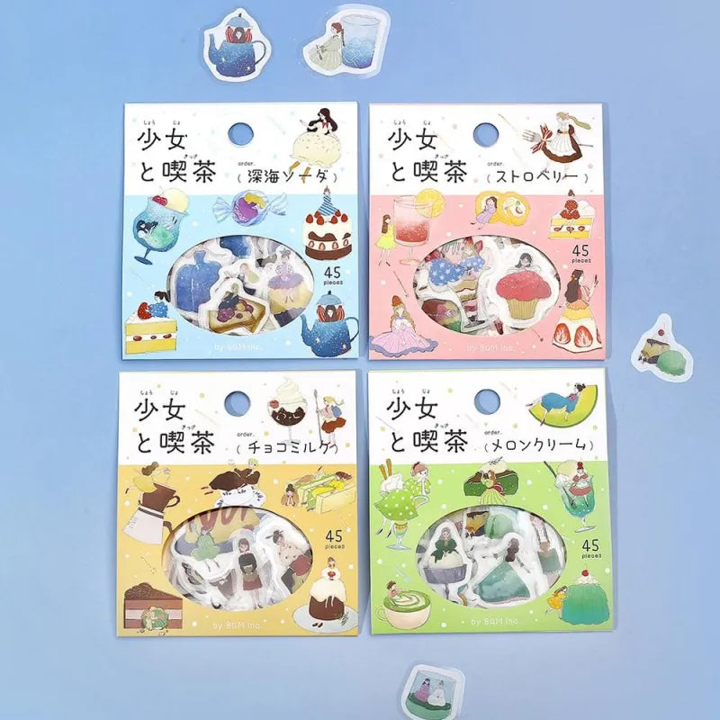 BGM Foil Stamping Flake Seal – Girl and Café series featuring 45-piece sticker sets in dreamy café themes: Deep Sea Soda, Strawberry, Chocolate Milk, and Melon Cream. Each design showcases girls, drinks, and sweets with washi texture and foil-stamped details.