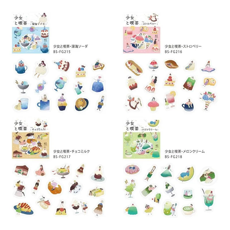 BGM Foil Stamping Flake Seal – Girl and Café series featuring 45-piece sticker sets in dreamy café themes: Deep Sea Soda, Strawberry, Chocolate Milk, and Melon Cream. Each design showcases girls, drinks, and sweets with washi texture and foil-stamped details.