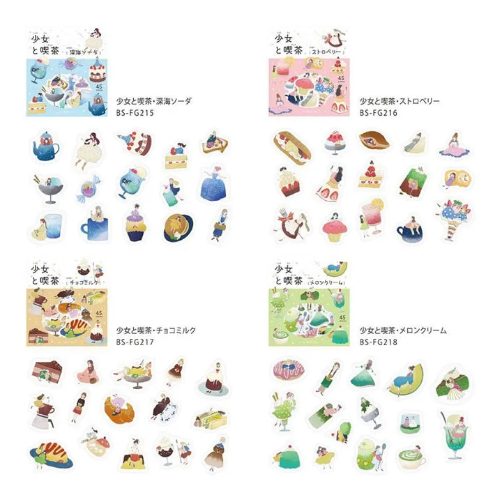 BGM Foil Stamping Flake Seal – Girl and Café series featuring 45-piece sticker sets in dreamy café themes: Deep Sea Soda, Strawberry, Chocolate Milk, and Melon Cream. Each design showcases girls, drinks, and sweets with washi texture and foil-stamped details.