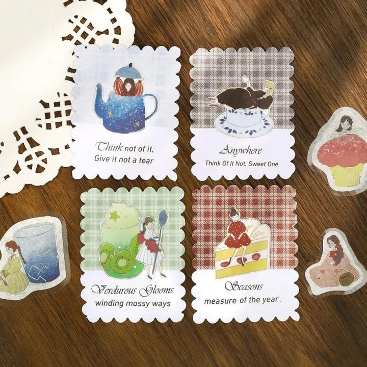 BGM Foil Stamping Flake Seal – Girl and Café series featuring 45-piece sticker sets in dreamy café themes: Deep Sea Soda, Strawberry, Chocolate Milk, and Melon Cream. Each design showcases girls, drinks, and sweets with washi texture and foil-stamped details.
