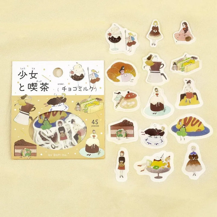 BGM Foil Stamping Flake Seal – Girl and Café: Choco Milk with 45 stickers of warm-toned girls, chocolate lattes, sweets, and café details, finished with gold foil and washi texture.