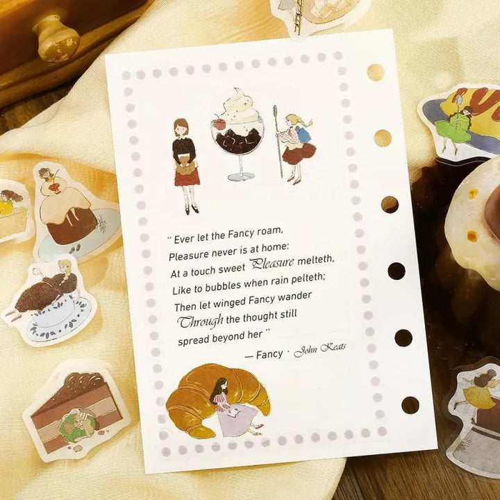BGM Foil Stamping Flake Seal – Girl and Café: Choco Milk with 45 stickers of warm-toned girls, chocolate lattes, sweets, and café details, finished with gold foil and washi texture.