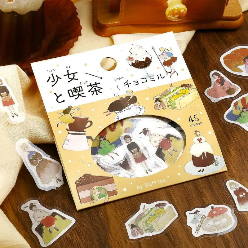 BGM Foil Stamping Flake Seal – Girl and Café: Choco Milk with 45 stickers of warm-toned girls, chocolate lattes, sweets, and café details, finished with gold foil and washi texture.