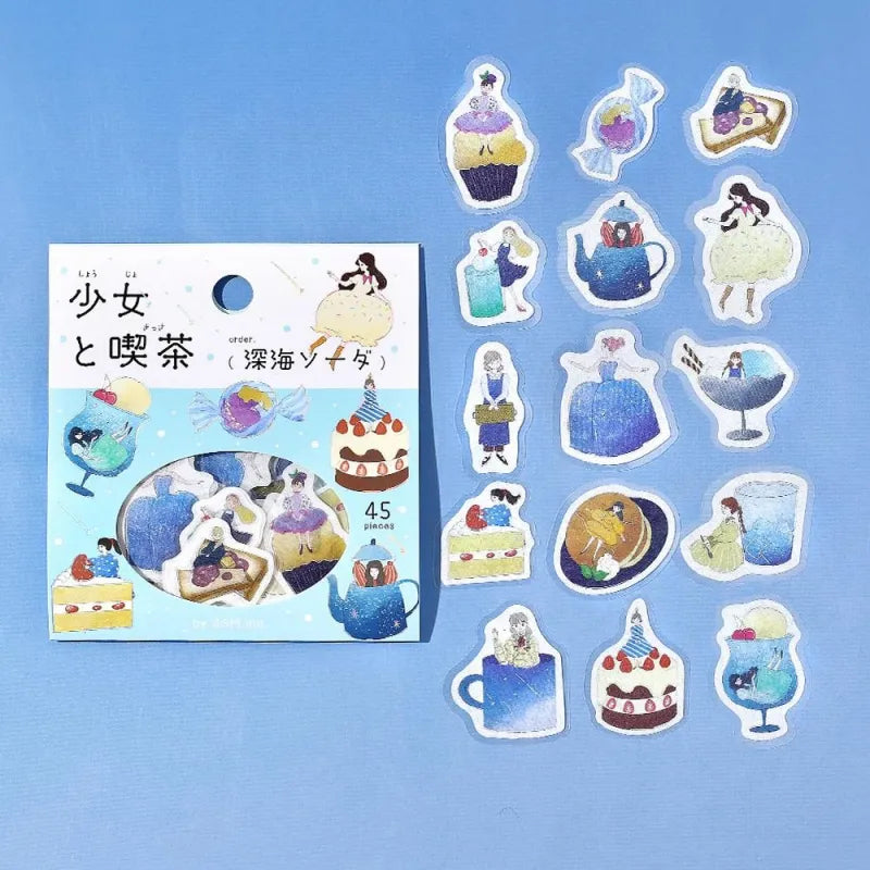 BGM Foil Stamping Flake Seal – Girl and Café: Deep Sea Soda featuring 45 washi stickers of café girls, fizzy drinks, and sea-themed desserts with foil and embossed detailing.