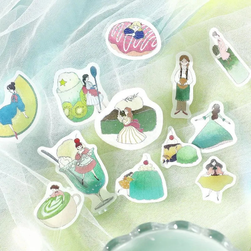 BGM Foil Stamping Flake Seal – Girl and Café: Melon Cream with 45 washi stickers featuring girls, melon soda, parfaits, and café desserts in pastel green, highlighted with foil accents.