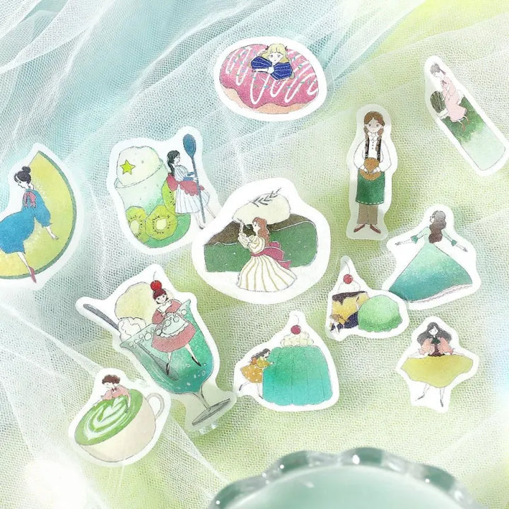 BGM Foil Stamping Flake Seal – Girl and Café: Melon Cream with 45 washi stickers featuring girls, melon soda, parfaits, and café desserts in pastel green, highlighted with foil accents.