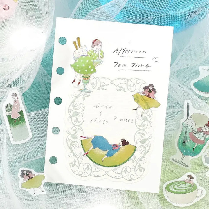 BGM Foil Stamping Flake Seal – Girl and Café: Melon Cream with 45 washi stickers featuring girls, melon soda, parfaits, and café desserts in pastel green, highlighted with foil accents.