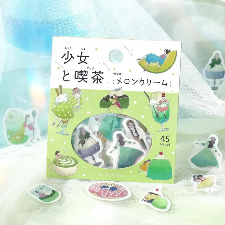 BGM Foil Stamping Flake Seal – Girl and Café: Melon Cream with 45 washi stickers featuring girls, melon soda, parfaits, and café desserts in pastel green, highlighted with foil accents.