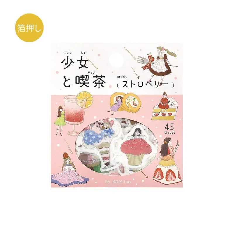 BGM Foil Stamping Flake Seal – Girl and Café: Strawberry with 45 stickers of pastel girls, strawberry parfaits, café drinks, and desserts, all foil-accented on textured washi paper.