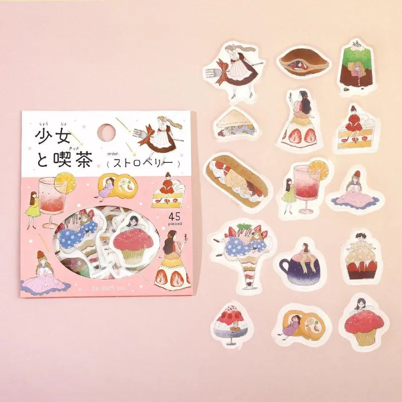 BGM Foil Stamping Flake Seal – Girl and Café: Strawberry with 45 stickers of pastel girls, strawberry parfaits, café drinks, and desserts, all foil-accented on textured washi paper.
