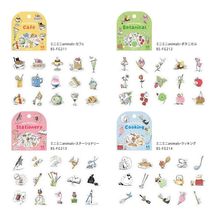 BGM Foil Stamping Flake Seal – Mini Mini Animals series includes 45 foil-accented washi stickers per set, featuring adorable animal illustrations across four charming themes: Café, Botanical, Cooking, and Stationery. Each sticker is made with textured washi paper and detailed with elegant foil stamping.