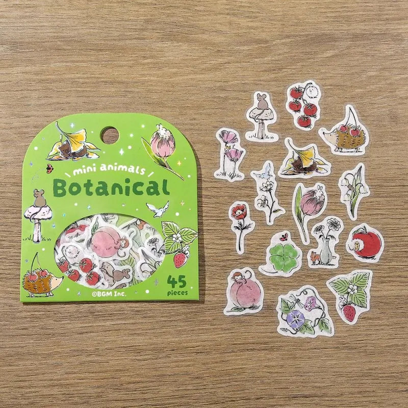 BGM Foil Stamping Flake Seal – Mini Mini Animals: Botanical with 45 washi stickers of cute animals and floral designs, finished with gold foil accents and a soft textured feel.