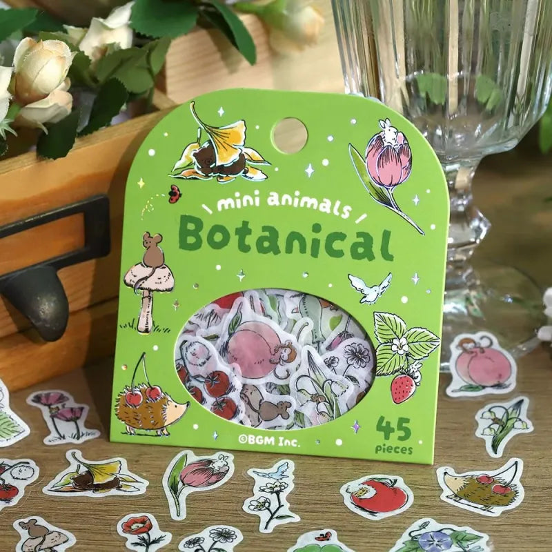 BGM Foil Stamping Flake Seal – Mini Mini Animals: Botanical with 45 washi stickers of cute animals and floral designs, finished with gold foil accents and a soft textured feel.
