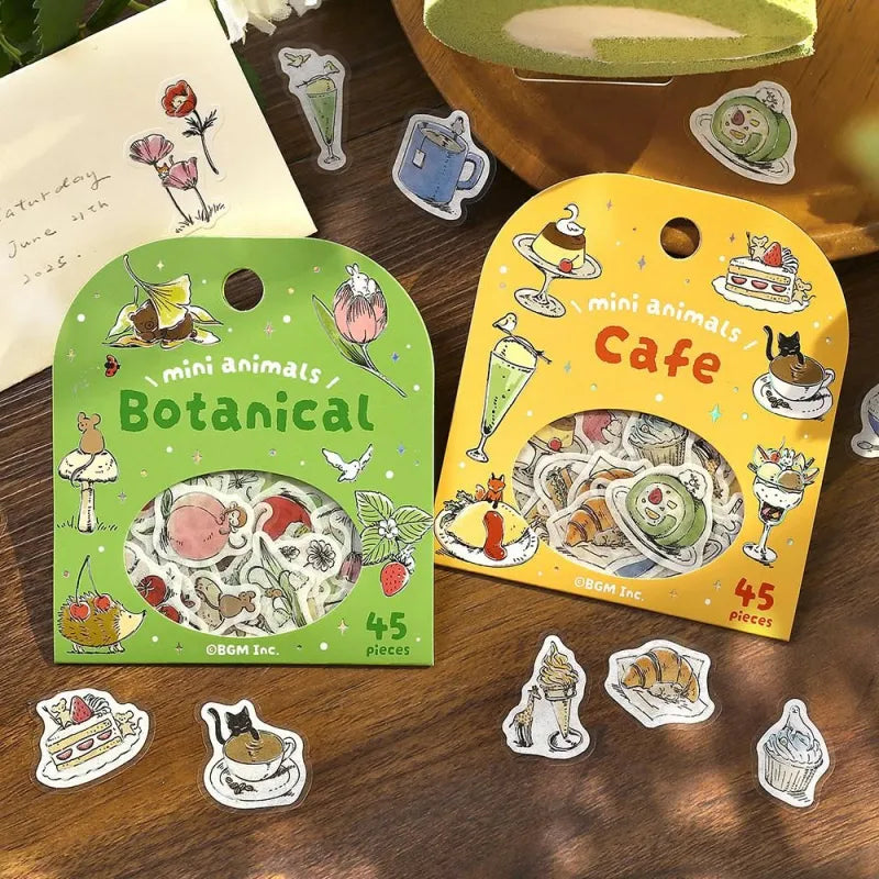 BGM Foil Stamping Flake Seal – Mini Mini Animals: Botanical with 45 washi stickers of cute animals and floral designs, finished with gold foil accents and a soft textured feel.