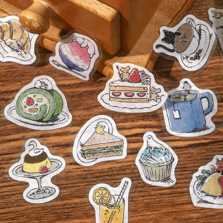 BGM Foil Stamping Flake Seal – Mini Mini Animals series featuring 45 washi paper stickers per set, each with adorable animal illustrations, café themes, and foil-stamped accents with a dimensional textured finish.
