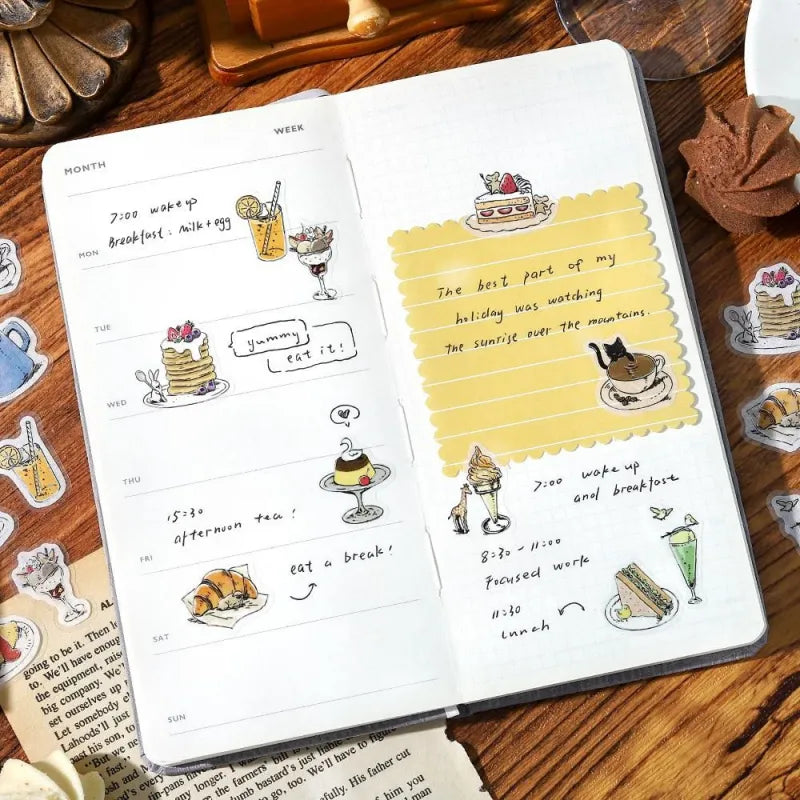 BGM Foil Stamping Flake Seal – Mini Mini Animals series featuring 45 washi paper stickers per set, each with adorable animal illustrations, café themes, and foil-stamped accents with a dimensional textured finish.