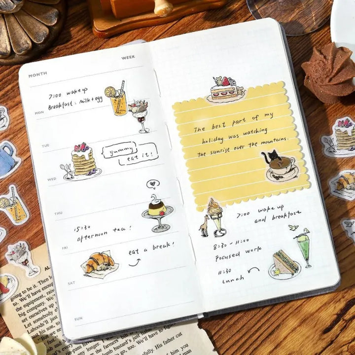 BGM Foil Stamping Flake Seal – Mini Mini Animals series featuring 45 washi paper stickers per set, each with adorable animal illustrations, café themes, and foil-stamped accents with a dimensional textured finish.