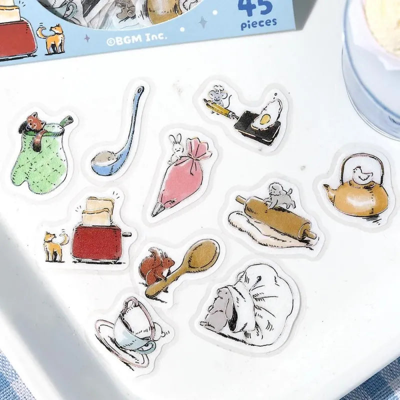 BGM Foil Stamping Flake Seal – Mini Mini Animals: Cooking with 45 washi stickers of cute animals baking, stirring, and serving food, accented with gold foil and textured details.