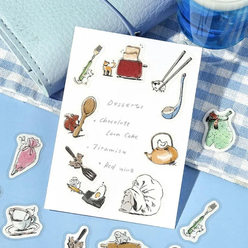 BGM Foil Stamping Flake Seal – Mini Mini Animals: Cooking with 45 washi stickers of cute animals baking, stirring, and serving food, accented with gold foil and textured details.
