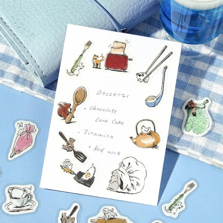BGM Foil Stamping Flake Seal – Mini Mini Animals: Cooking with 45 washi stickers of cute animals baking, stirring, and serving food, accented with gold foil and textured details.