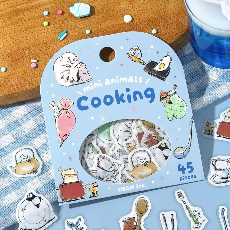 BGM Foil Stamping Flake Seal – Mini Mini Animals: Cooking with 45 washi stickers of cute animals baking, stirring, and serving food, accented with gold foil and textured details.