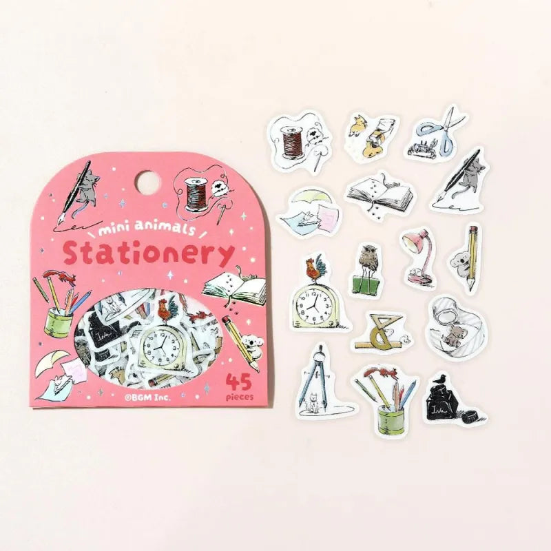 BGM Foil Stamping Flake Seal – Mini Mini Animals: Stationery with 45 washi stickers of cute animals using notebooks, pens, scissors, and more—highlighted with gold foil and tactile texture.
