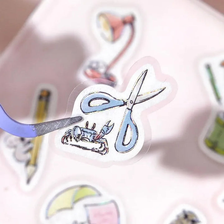 BGM Foil Stamping Flake Seal – Mini Mini Animals: Stationery with 45 washi stickers of cute animals using notebooks, pens, scissors, and more—highlighted with gold foil and tactile texture.
