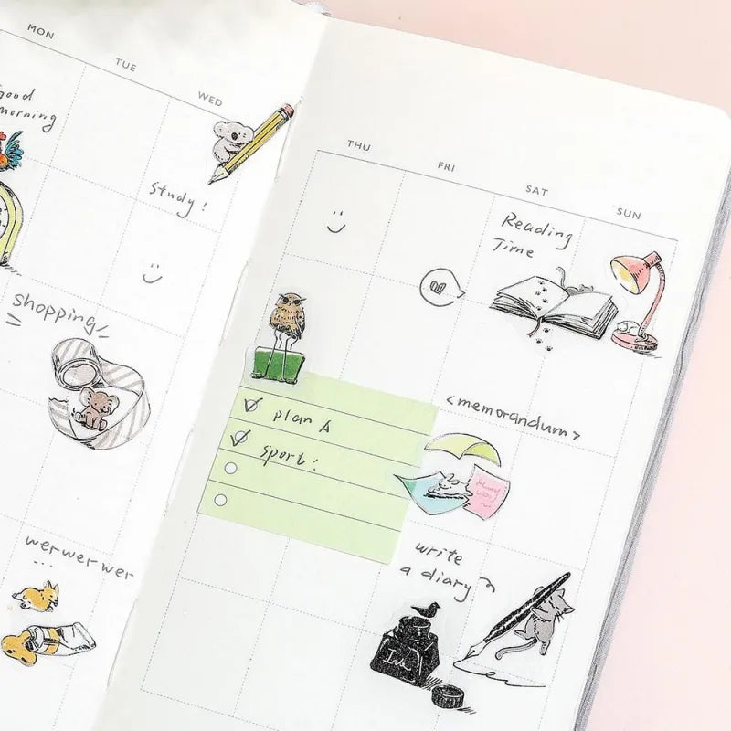BGM Foil Stamping Flake Seal – Mini Mini Animals: Stationery with 45 washi stickers of cute animals using notebooks, pens, scissors, and more—highlighted with gold foil and tactile texture.