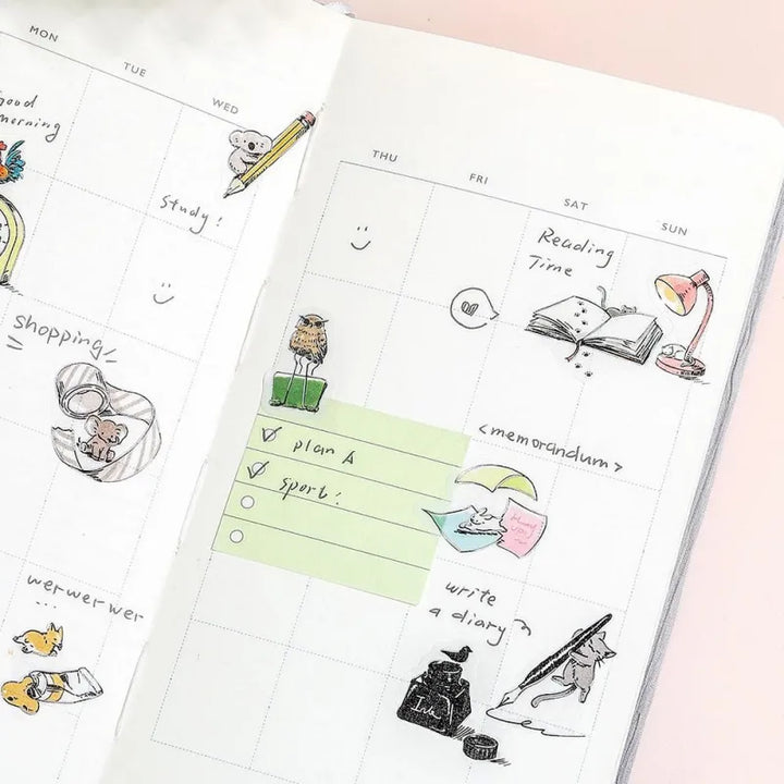BGM Foil Stamping Flake Seal – Mini Mini Animals: Stationery with 45 washi stickers of cute animals using notebooks, pens, scissors, and more—highlighted with gold foil and tactile texture.