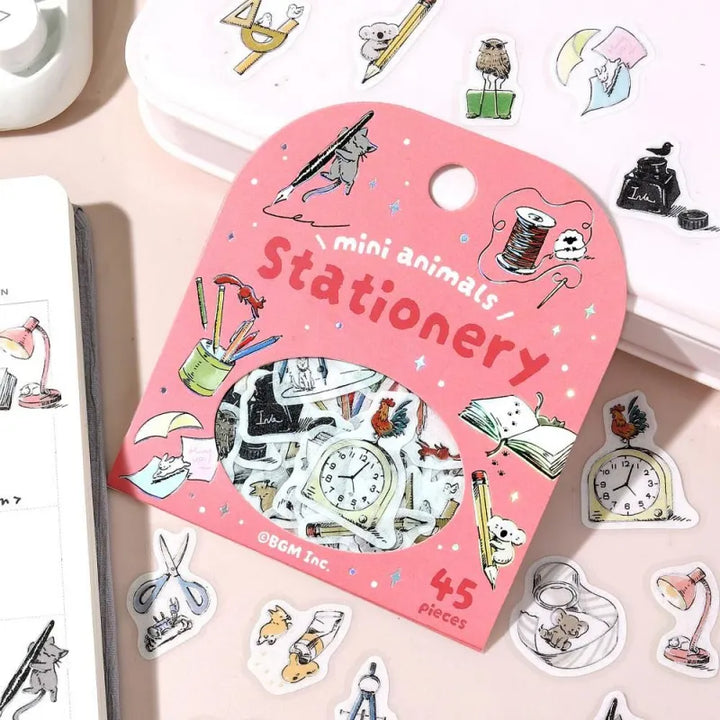 BGM Foil Stamping Flake Seal – Mini Mini Animals: Stationery with 45 washi stickers of cute animals using notebooks, pens, scissors, and more—highlighted with gold foil and tactile texture.