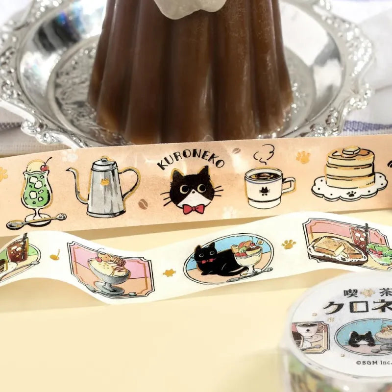 BGM Foil Stamping Masking Tape – Black Cat Café: Welcome design featuring black cats with desserts, soft pastel frames, and foil accents on 20mm washi tape.