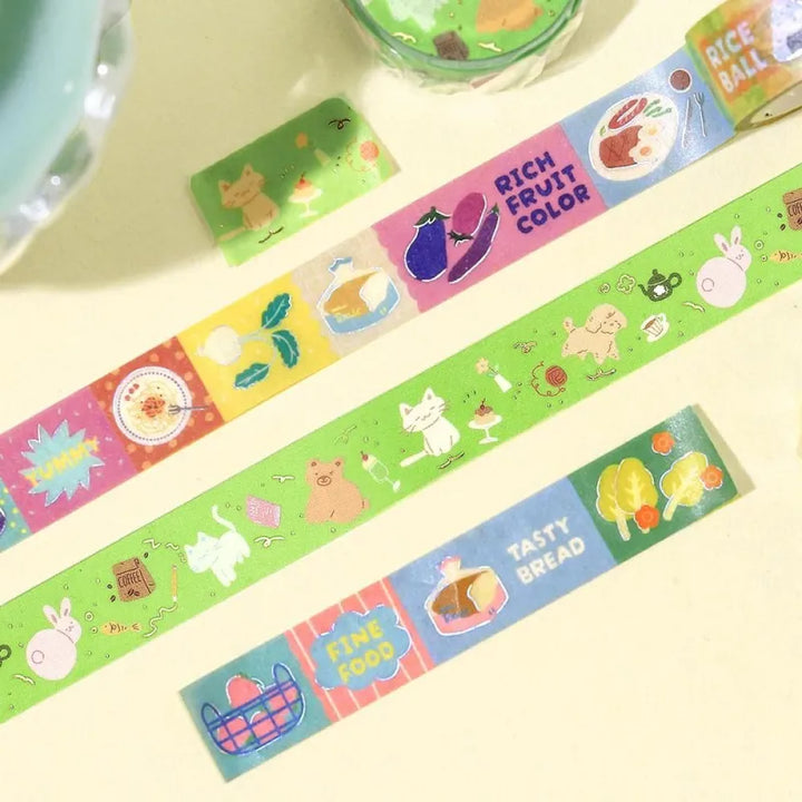 BGM Foil Stamping Masking Tape – Life: Pop Food design with colorful illustrations of different foods and foil accents on 15mm washi tape roll.