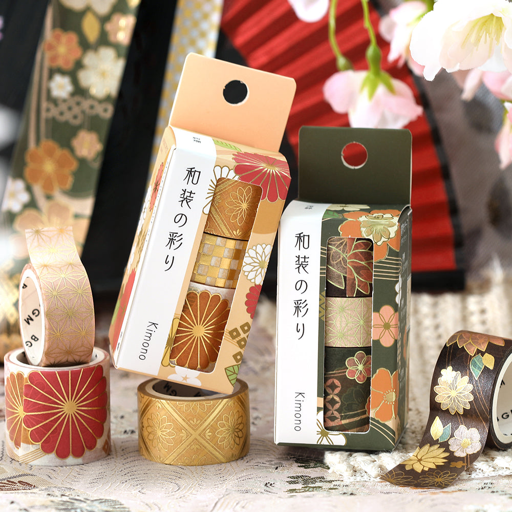 BGM Foil Stamping Masking Tape: The Color of Kimono - Deep Green – Japanese washi tape set featuring elegant deep green tones inspired by traditional kimono fabrics.