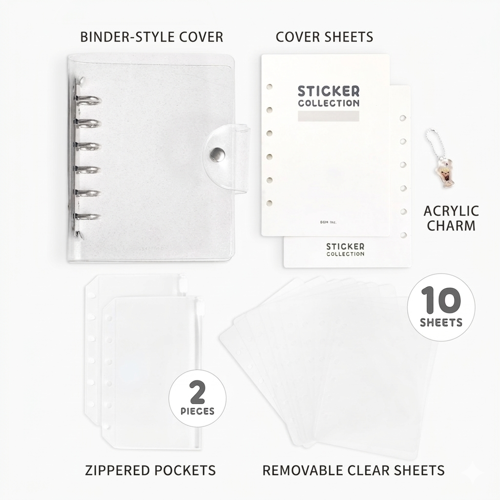BGM Notebook-Style Sticker Book: A6 Glitter Clear — in use