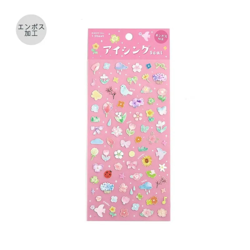 BGM Seat Seal – Bloom with one PET sticker sheet featuring delicate flowers, birds, bows, and gentle accents in pastel tones. Stickers have a glossy embossed finish.